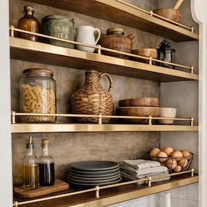 May include: Wooden shelves with brass rails display kitchen items. A glass jar of pasta, woven pitcher, plates, and a wire basket of eggs are visible. Other items include a tea tin, mugs, bowls, and bottles of oil and vinegar.
