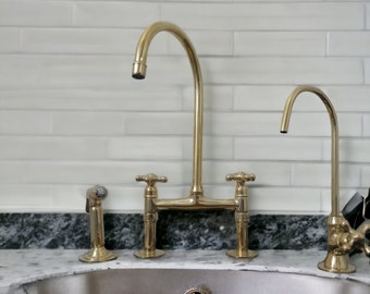 Bridge Faucet from Solid Brass with Unlacquered Finish CHOOSE HANDLE Linear Straight Feet Spray Filter High End Kitchen Faucet Moroccan