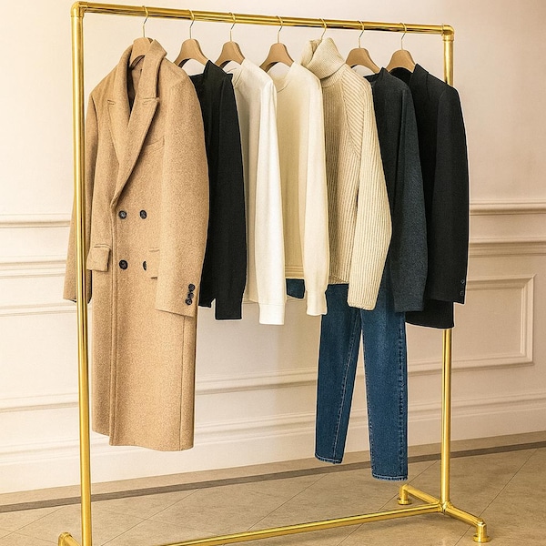 Brass Clothes Rack Freestanding – Luxury Solid Brass Garment Rack, Handmade Polished Clothing Rail, Custom Size Retail & Closet Display