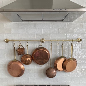 Unlacquered Brass Pot Rack Wall Mount For Kitchen with &quot;S&quot; Hooks - Brass Pot Rack Rustic Wall Mounted -Pan Rack Hook- Brass Hanging Rack
