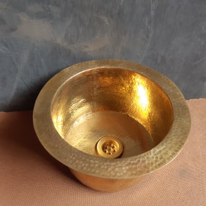 Hammered Unlacquered Brass Round Sink - Dropped-in Bar Sink with Drain