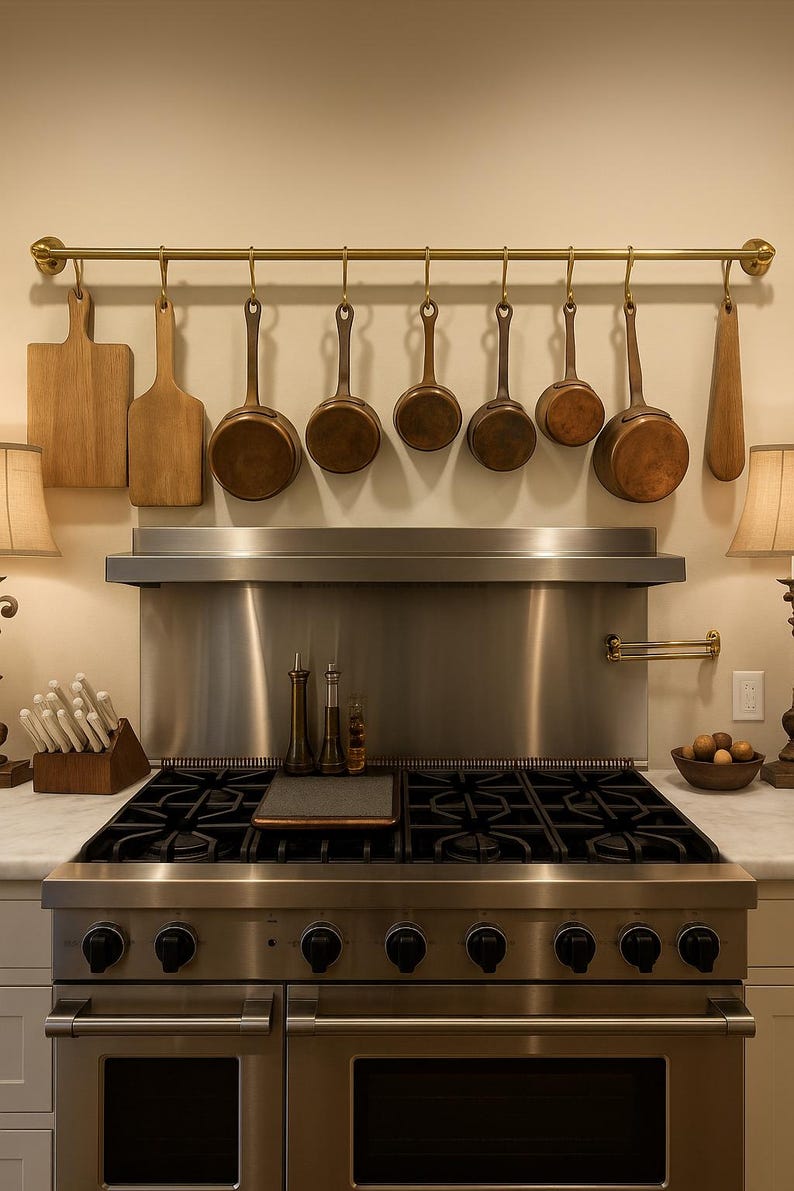 Pan Rails Handmade Solid Brass Pot & Pan Rail – Antique Brass Kitchen Organizer ...