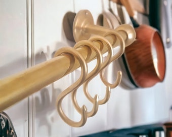 Unlacquered Solid Brass Pot and Pan Rail, Kitchen Storage Rack Organizer, Wall Mounted Hanging Rail with S Hooks, Rustic Brass Kitchen Rack
