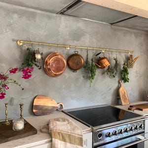 Brass Pot Rack With Hooks, Wall Mounted Pan Rail With Unlacquered Finish, Moroccan Brass Kitchen Utensil Holder, Vintage Brass Pan Organizer