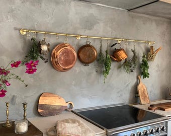Brass Pot Rack With Hooks, Wall Mounted Pan Rail With Unlacquered Finish, Moroccan Brass Kitchen Utensil Holder, Vintage Brass Pan Organizer