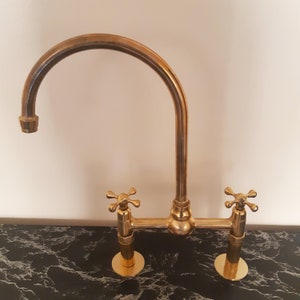 Antique Style, Unlacquered Solid Brass Bridge Faucet, Vintage Kitchen Sink Faucet , Unlacquered Brass Kitchen Bridge Faucet