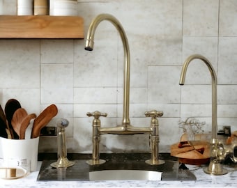 Unlacquered Brass Bridge Faucet 8" With Linear and Straight Legs and Various Handles style - Kitchen Faucets with spray and filter with GIFT