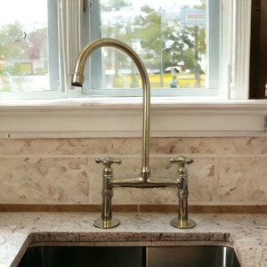 Unlacquered Brass Bridge Kitchen Faucet: 8&quot; Straight Leg, Cross Handles