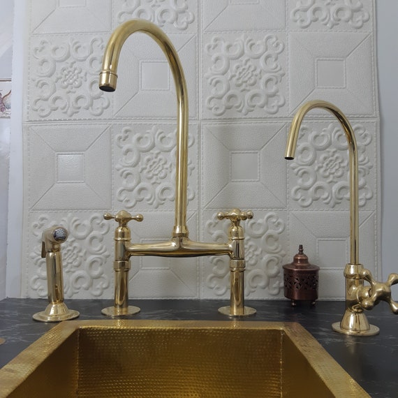 Unlacquered Brass Kitchen Faucet, Solid Brass 8 Bridge Faucet With Cross  Handles and Straight Legs 