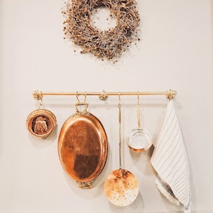Unlacquered Brass Pot Rack: Rustic Wall Mount with S Hooks