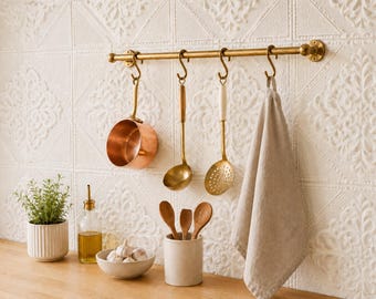 Antique Brass Kitchen Rail with S-Hooks, Pan and Pot Organizer, Handmade Brass Pot Rack, Wall Mount Utensil Bar, Vintage Style Farmhouse