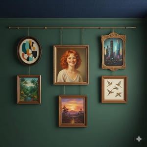 Pode incluir: Uma coleção de obras de arte emolduradas penduradas em uma parede verde. A arte inclui um retrato de mulher, uma paisagem urbana, formas abstratas, uma paisagem e pássaros. As molduras são de vários tamanhos e estilos, com tons dourados e marrons.