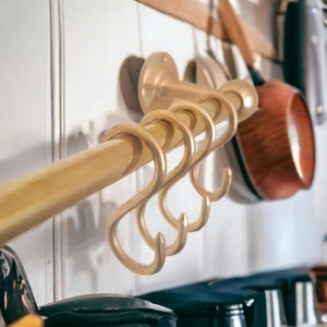 Unlacquered Brass Pot Rack Wall Mount For Kitchen with &quot;S&quot; Hooks - Brass Pot Rack Rustic Wall Mounted -Pan Rack Hook- Brass Hanging Rack