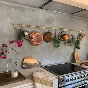 Unlacquered Brass Pot Rack: Rustic Wall Mount with S Hooks