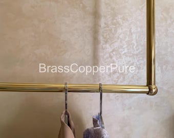 Handcrafted Unlacquered Brass Garment Rack, Ceiling Mounted Minimalistic Clothes Rail, Vintage Open Closet Organizer