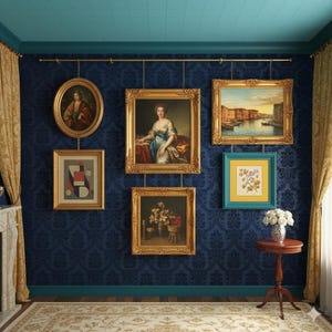 Pode incluir: Um design de interiores com uma parede de galeria com pinturas emolduradas de vários estilos. As pinturas estão penduradas em uma parede azul escura estampada, com molduras douradas e uma barra dourada. Uma pequena mesa com um vaso de flores brancas.