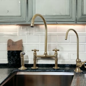 Unlacquered Brass Bridge Kitchen Faucet: 8&quot; Straight Legs, Cross Handles