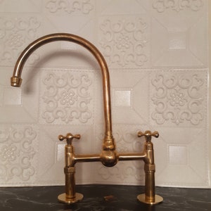 Antique Style, Unlacquered Solid Brass Bridge Faucet, Vintage Kitchen Sink Faucet , Unlacquered Brass Kitchen Bridge Faucet