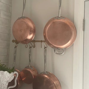 Unlacquered Brass Pot Rack Wall Mount For Kitchen with &quot;S&quot; Hooks - Brass Pot Rack Rustic Wall Mounted -Pan Rack Hook- Brass Hanging Rack