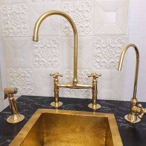 8” Unlacquered Brass Kitchen Faucet With Spray, Vintage Moroccan Water Faucet, Antique Custom Bridge Faucet, Handcrafted Brass Sink Fixture