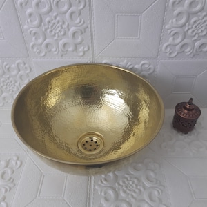 Moroccan mounted hand hammered TARNISHED brass gold colour round sink wash basin Handcrafted Smooth Brass Vessel Sink Hammered Round Sink