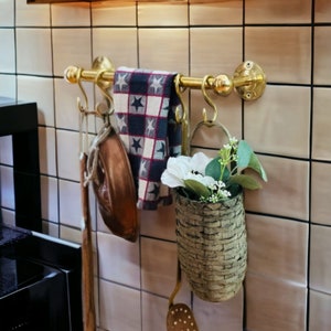 Brass curtain rod with hooks Brass pot rail Brass pot rack Brass shelf rail Brass wall hook Brass rod unlacquered brass wall hanging kitchen