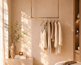 Ceiling Mounted Minimalistic Clothes Rail, Handcrafted Unlacquered Brass Garment Rack, Vintage Open Closet Organizer