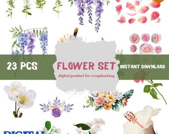 Láminas imprimibles de flores prensadas / Papel botánico digital para scrapbooking / Kit de descarga para diario creativo floral
