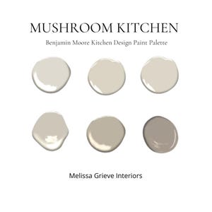 Może przedstawiać: Paleta kolorów farb do kuchni, nazwana "Mushroom Kitchen" przez Benjamin Moore Kitchen Design Paint Palette. Paleta zawiera sześć odcieni beżu i szarości, od jasnych do ciemnych.