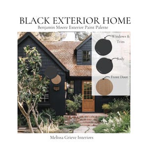 Könnte beinhalten: Ein schwarzes Haus mit einer braunen Haustür und einem braunen Dach. Das Haus hat einen schwarzen Körper und schwarze Fenster und Verkleidungen. Das Bild enthält eine Benjamin Moore Außenfarbenpalette mit Farbmustern für den Körper, die Fenster und Verkleidungen sowie die Haustür.