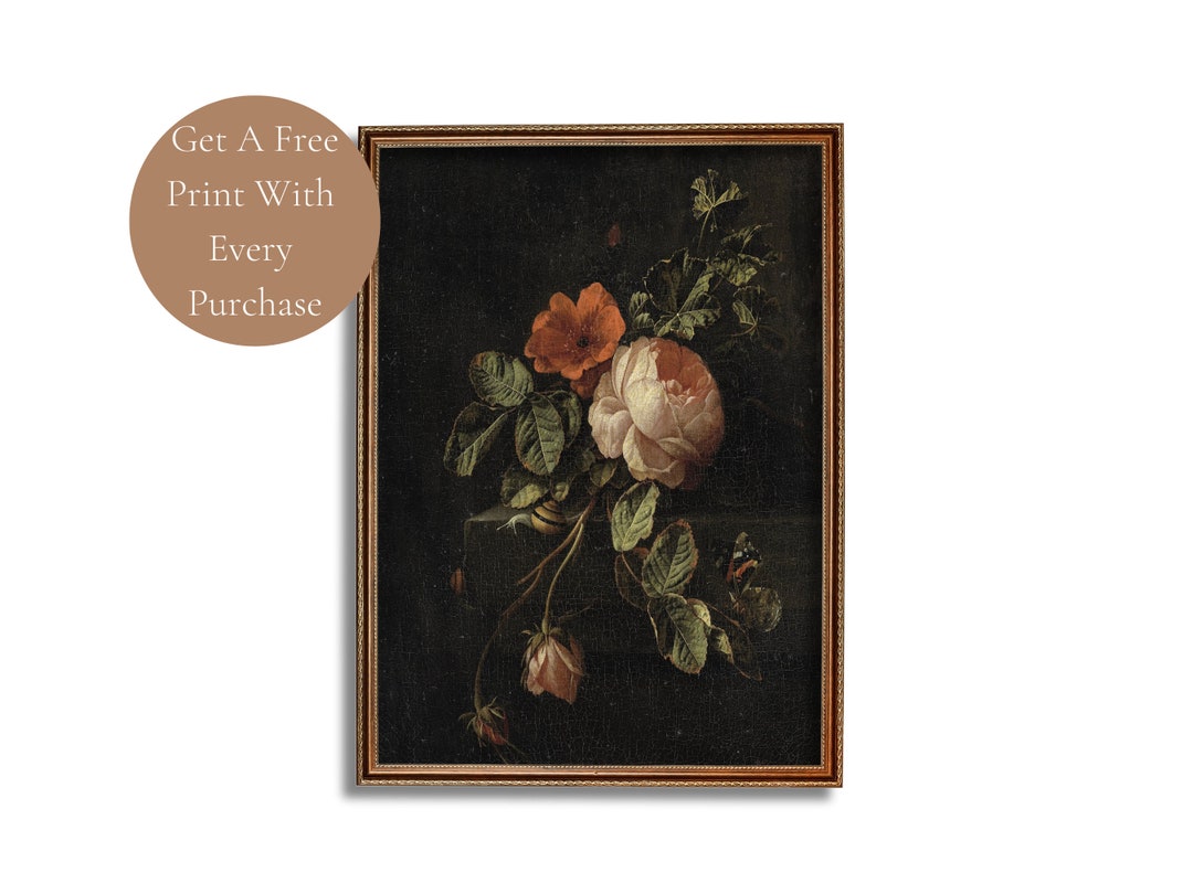 Printable Moody Flower Painting Vintage Floral Wall Art Botanical Oil ...