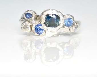 Blue Green Sapphire - Salt and Pepper Diamond - Silver Organic Rustic Ring - Multi Stone Ring