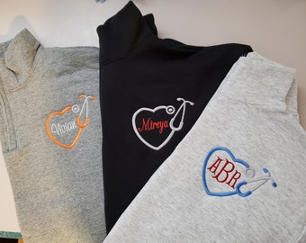 Set of 2 Nursing Sweatshirt Jacket, Monogram pullover,  Custom embroidered zip up, RN, MA, Dr, BSN