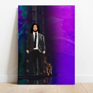 Puede incluir: Una impresión de arte digital que presenta a un hombre con un traje negro y corbata de pie con un perro frente a un fondo abstracto morado y azul.
