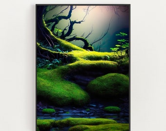 Moos Wanddruck, grün und blauer Moosdruck, verschwommenes Moosdruck, Moos Wandkunst Dekor, Fantasy Wald, Moosdrucke, 3x4, 4x5, 18 x 24,