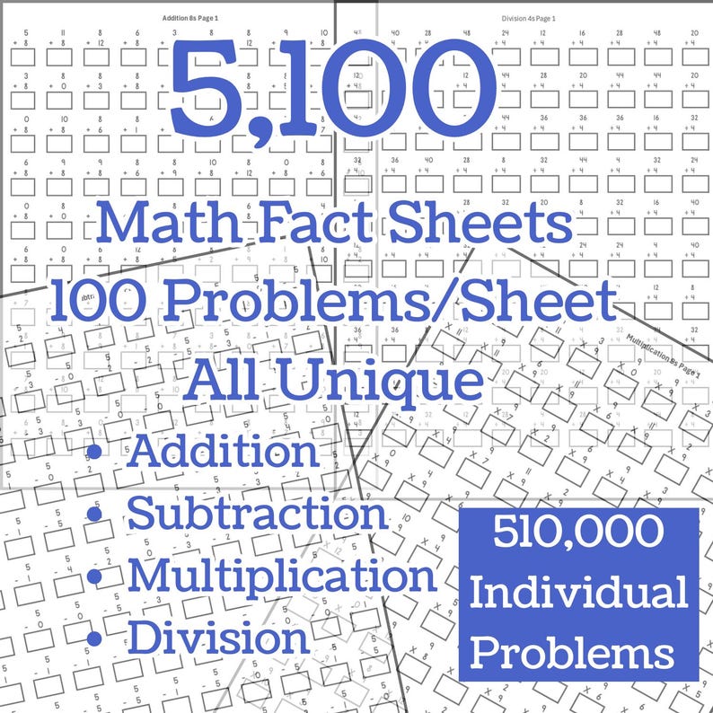 Math Fact Sheets, Addition, Subtraction, Multiplication, Division (PDF ...