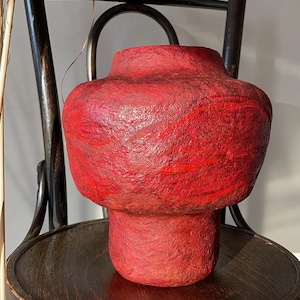 Papier mache red totem vase | ethnic decorative object | wabi-sabi organic form | luxury art piece