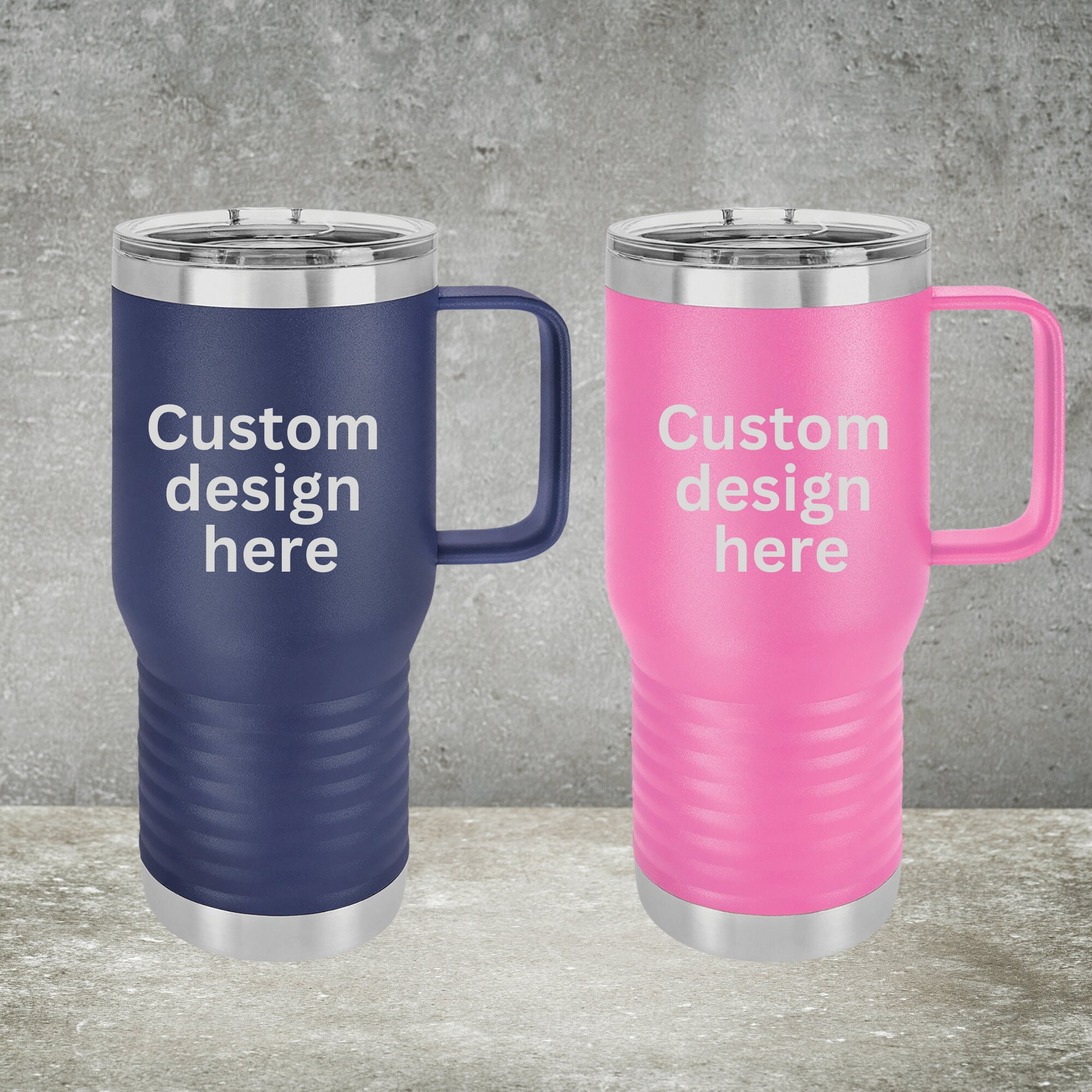 Stainless Steel Custom Travel Mug w/ Metal Handle - 20 oz.