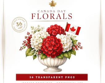 Canada Day Clipart Bundle | Premium Watercolor Floral PNGs, Elegant Red-White Arrangements For Cottagecore Decor