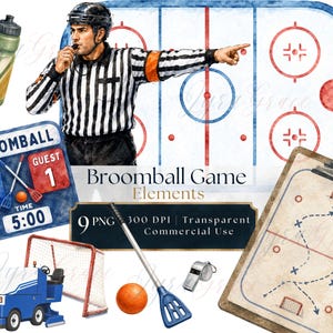Puede incluir: Una colecci&oacute;n de elementos de juego de broomball que incluye un &aacute;rbitro con camisa de rayas blancas y negras, un marcador que muestra 2-1, una pulidora de hielo azul, una red de porter&iacute;a, una pelota naranja, una escoba, un silbato, una botella de agua y un portapapeles t&aacute;ctico.