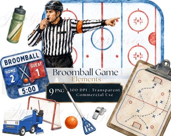 Broomball Game Elements Watercolor Clipart Bundle | Zamboni, Referee, Goal Net, Scoreboard | Sports Graphics PNG | Digital Download
