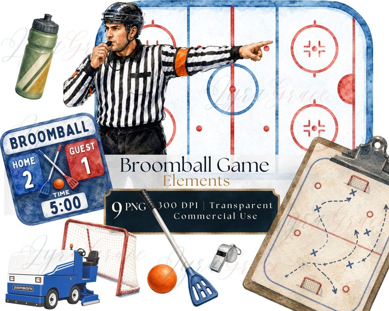 Puede incluir: Una colecci&oacute;n de elementos de juego de broomball que incluye un &aacute;rbitro con camisa de rayas blancas y negras, un marcador que muestra 2-1, una pulidora de hielo azul, una red de porter&iacute;a, una pelota naranja, una escoba, un silbato, una botella de agua y un portapapeles t&aacute;ctico.