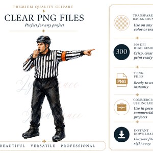 Puede incluir: Una ilustraci&oacute;n digital de un &aacute;rbitro deportivo con camisa de rayas blancas y negras, pantalones negros y casco, soplando un silbato mientras se&ntilde;ala. El gr&aacute;fico incluye etiquetas de texto para clipart, archivos PNG y resoluci&oacute;n 300 DPI.