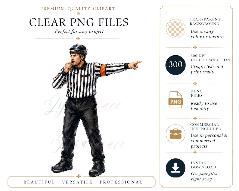 Puede incluir: Una ilustraci&oacute;n digital de un &aacute;rbitro deportivo con camisa de rayas blancas y negras, pantalones negros y casco, soplando un silbato mientras se&ntilde;ala. El gr&aacute;fico incluye etiquetas de texto para clipart, archivos PNG y resoluci&oacute;n 300 DPI.
