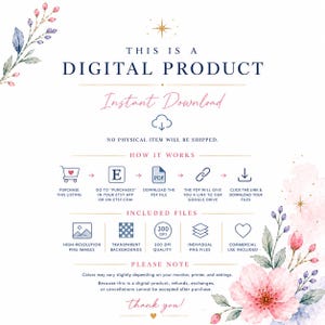 Puede incluir: Una hoja de informaci&oacute;n de producto digital con ilustraciones florales en acuarela. El texto incluye THIS IS A DIGITAL PRODUCT, Instant Download, NO PHYSICAL ITEM WILL BE SHIPPED, HOW IT WORKS, INCLUDED FILES, PLEASE NOTE y thank you.