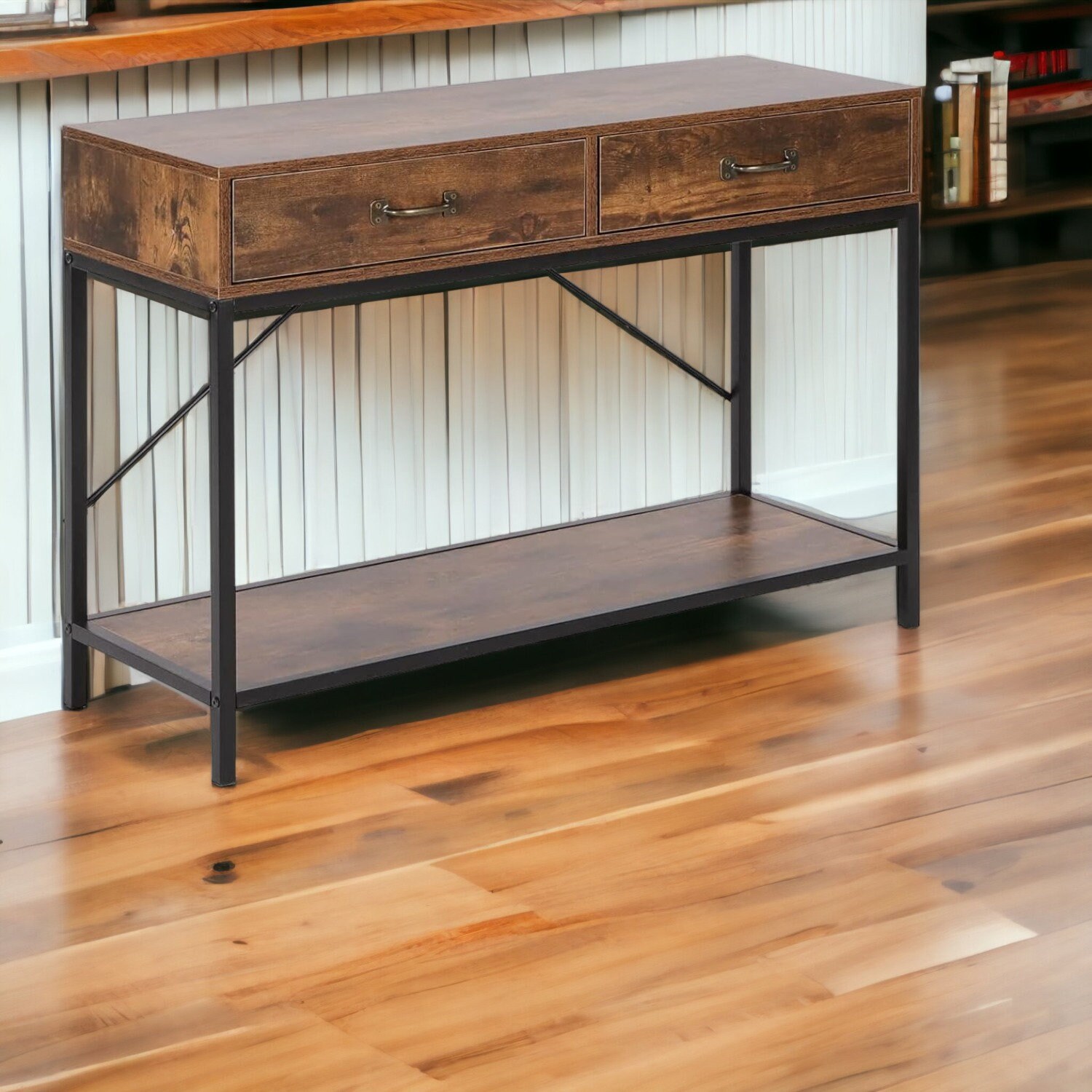 Rustic Industrial Two Tier Wooden Console Table With Storage Etsy UK