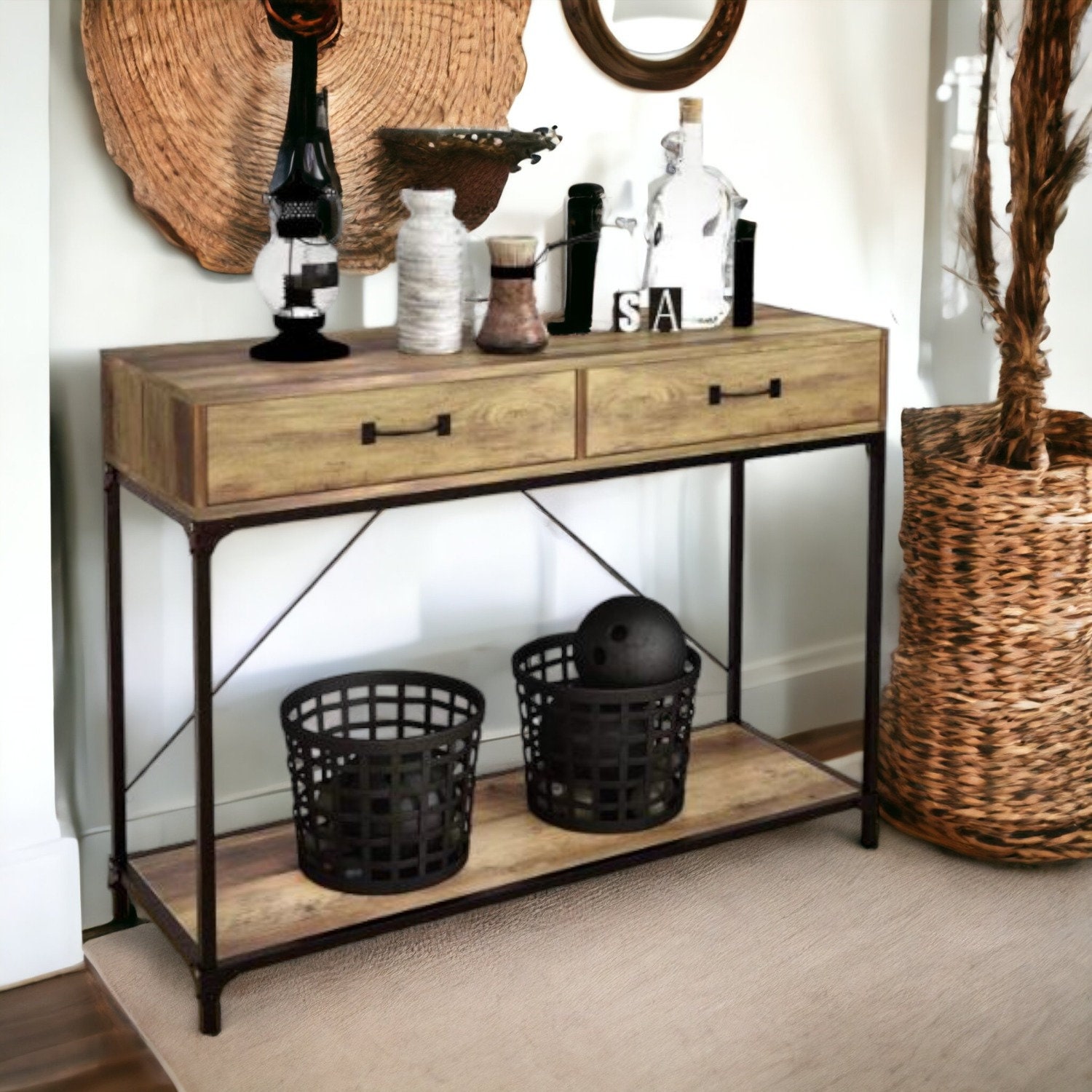 Rustic Industrial Two Tier Wooden Console Table With Storage Etsy UK