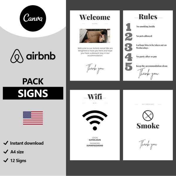 Pack de 12 affiches location airbnb modifiable dans canva en Anglais