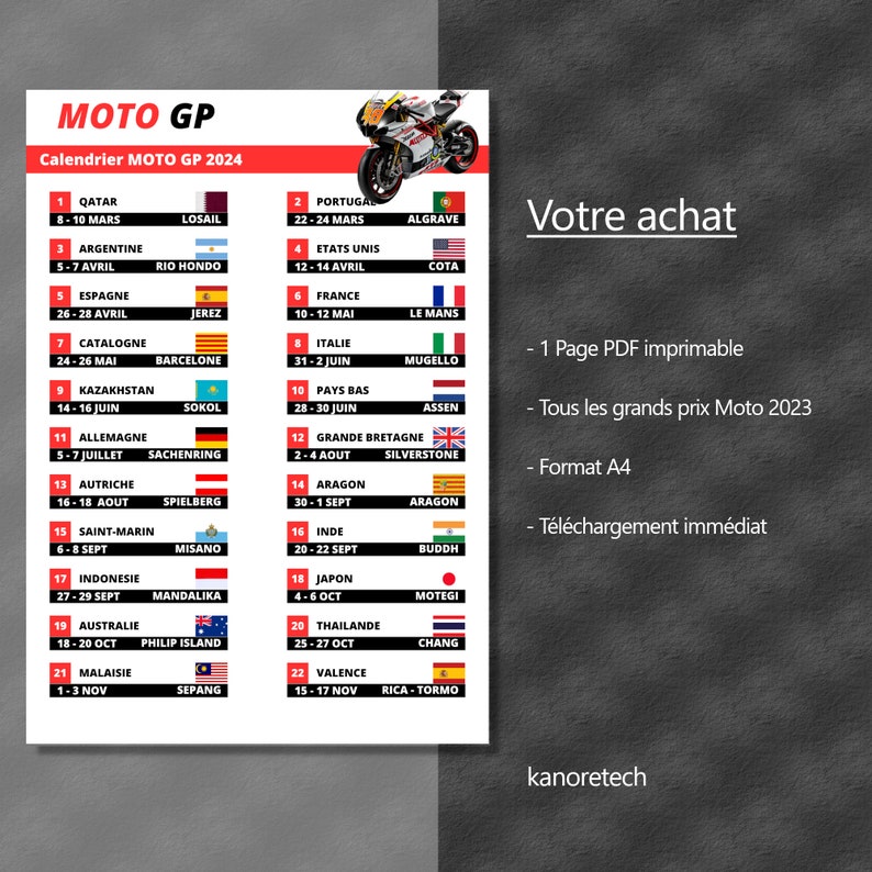 Calendrier officiel MotoGP 2024 PDF à imprimer en Français Etsy France