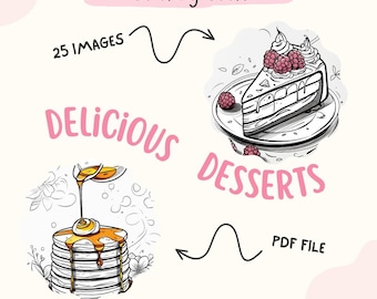Deliziosi dessert da colorare PDF - 25 illustrazioni di dessert carine e divertenti per bambini e adulti / Libro da colorare stampabile con download digitale